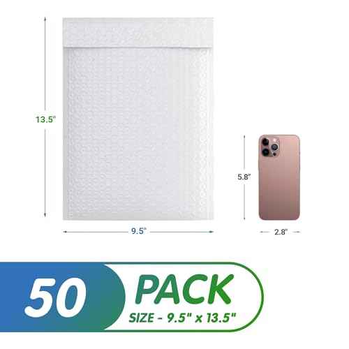 White Poly Bubble Mailers Self Seal, 9.5 x 13.5 Inch. Pack of 50 Bubble Packaging Envelopes for Shipping. Durable Padded Envelopes Waterproof. Self Seal Padded Mailers. Shipping Packages