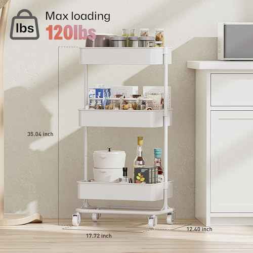 3-Tier Adjustable Rolling Cart with Dual-Column Frame, Tool-Free Assembly Metal Utility Cart, Customizable Storage Organizer for Kitchen Bathroom Office Heavy Duty 120lbs Capacity - White