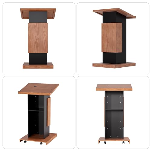 LayBurst Podium Stand with Lockable Wheels - Wood Lectern with Storage (Wood & Black) 15mm Particle Board
