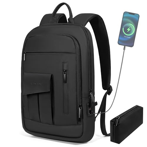 Business Backpack for Men Slim Lightweight Laptop Backpack Water Resistant Small Office Backpack for Commute Travel Daily Office Work with Small Bag (Black)