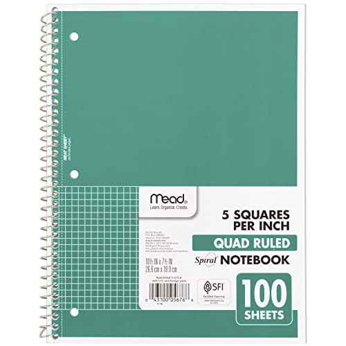 Mead Spiral Notebook, 1 Subject, Graph Ruled Paper, 7-1/2" x 10-1/2", 100 Sheets, Green (05676AC5)