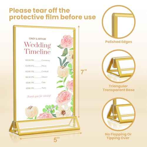 5x7 Gold Acrylic Sign Holder, 12 Pack Wedding Table Number Stands With Vertical Gold Borders, Double Sided Picture Frame Paper Stand, Clear Photo Display Menu for Party, Home, Restaurant