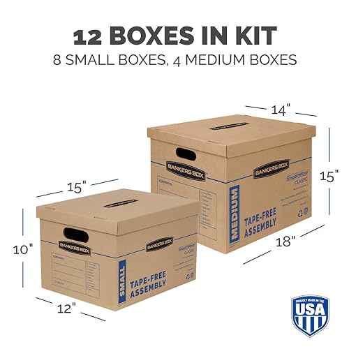 Bankers Box Classic Moving Box 12 Pack Kit, Reinforced Handles, Tape-Free Assembly, Box with Lid, 8 Small and 4 Medium Boxes (7716401)