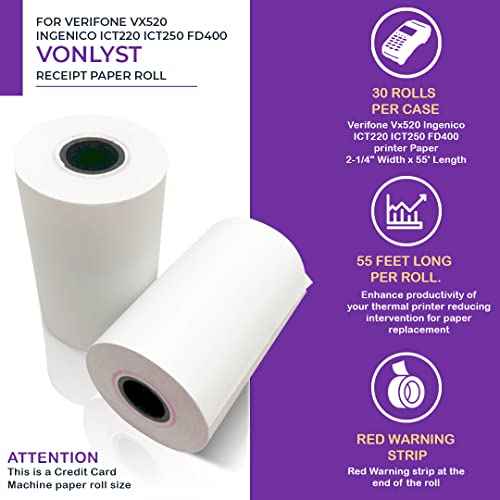Thermal Paper Roll 2 1/4 x 55 for Verifone Vx520 Ingenico ICT220 ICT250 FD400 (30 rolls)