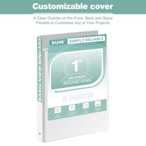 SUIN 1-Inch 3-Ring-Binder 12 Pack - Clear View Cover for US Letter 8.5 x 11 in Office & School (White)