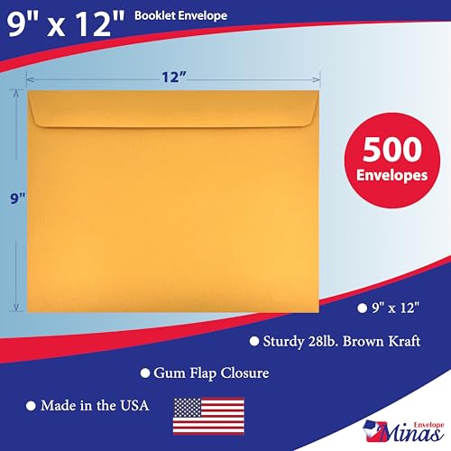 500 Pack Minas Envelope 9x12 Inch Booklet Envelopes Heavy Kraft Open Side Seal