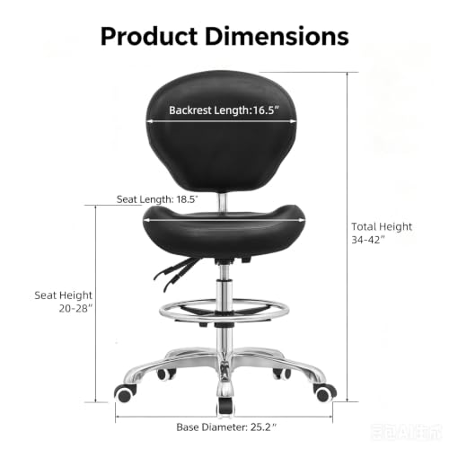 Kaleurrier Adjustable Drafting Stool with Back Support & Foot Rest - Black