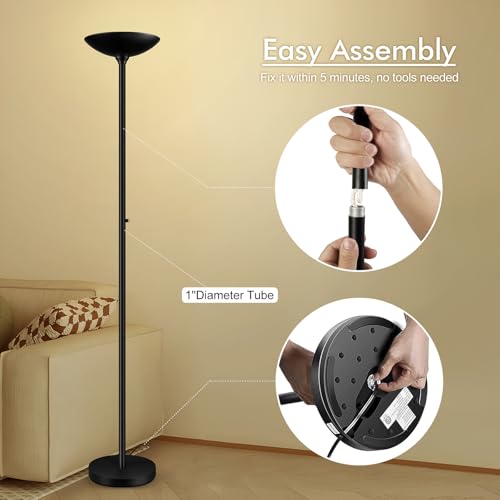 30W Torchiere Floor Lamp - 3600LM Super Bright LED Floor Lamp, 71 Inch Stepless Dimmable Standing Lamp with 3000K Lighting, Rotary Switch, Tall Metal Torch Floor lamps for Living Room/Bedroom (Black)