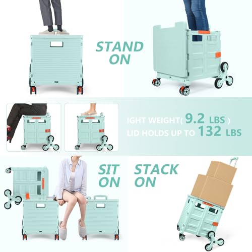 Foldable Utility Cart with Stair Climbing Wheels,Collapsible Rolling Crate with Magnetic Lid Telescopic Cover,Telescoping Handle,360¡Æ Rotate Wheel Hand Cart for Teacher Shopping Moving Grocery(Green)