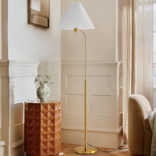 Retro Floor Lamp ? 63¡± Mid Century Modern Floor Lamp with White Pleated Empire Shade, Minimalist Curved Brass Pole Arc Mid-Century Standing Lamp for Cozy Living Room, Bedroom, Reading Corner (Gold)