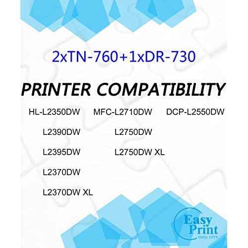 EASYPRINT Compatible 2-Pack TN760 TN-760 Toner Cartridge & 1-Pack DR-730 DR730 Drum Unit Used for Brother DCP-L2550DW HL-L2350DW L2370DW L2390DW L2395DW MFC-L2710DW, (Total 3-Pack, Toner with Drum)