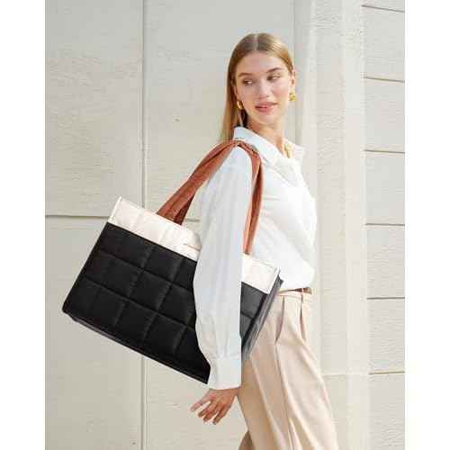LOVEVOOK Tote Bag for Women, Puffer Work Handbag 15.6 Inch Laptop Purse for Nurse Teacher, Large Quilted Travel Tote Shoulder Bag with Zipper for College Office Clinical Gym, Cream-Black-Brown