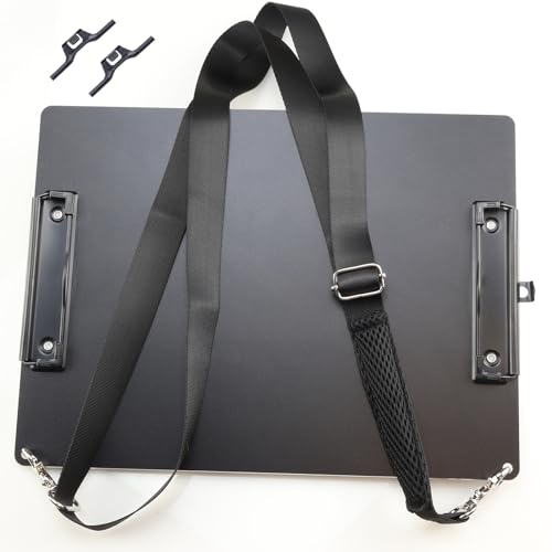 Black Metal Two Clips Clipboards, A4/Letter (9.5 "X12.6) Aluminum Clipboard with Shoulder Strap,Home Restaurant School Hospital Classroom Factory Office Supplies