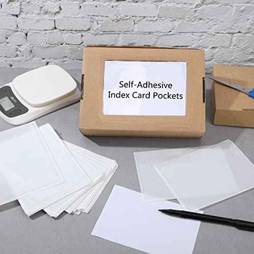 Outus 200 Pack Self Adhesive Label Pockets Bulk Plastic Labels Holders for Storage Bins Clear Classroom Nameplate Sleeves Index Card Tote Photos Waterproof Protect Office(6.3 x 4.33 Inch)