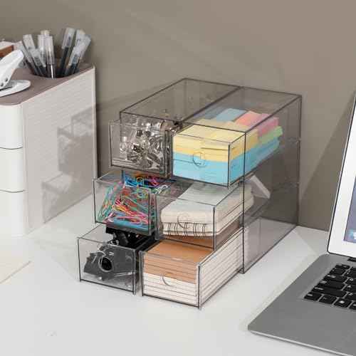 Plastic Storage Drawers, Home Office Supplies Organizer for Bathroom, Kitchen, Pantry, Coffee Bar, Clear Desk Accessories Box for Marker, Art Crafts, Makeup (12 Drawers)