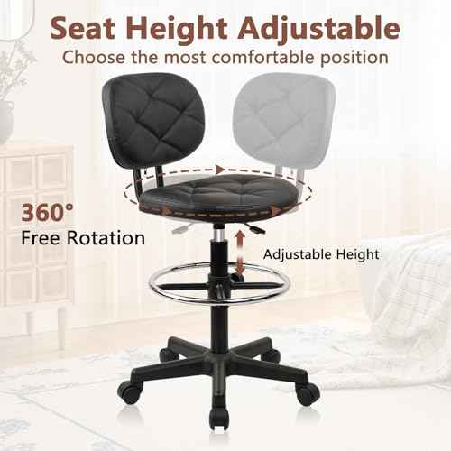 PU Leather Rolling Bar Stool with Wheels and Back, Tall Drafting Stool with Adjustable Height and Footrest, Multi-Purpose Office Desk Chair for Home Kitchen Shop Work, Black (1PK)