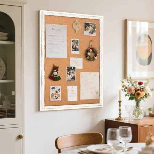Cork Board Bulletin Board, 36" x 24" Corkboard for Wall, Rustic White Wooden Frame, Hanging Pin Board for Home & Office Decor, 10 Push Pins