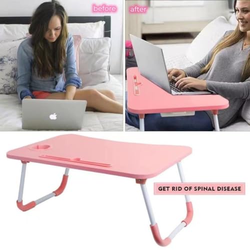 Pink Foldable Laptop Desk Bed Tray with Storage Drawer & Cup Holder