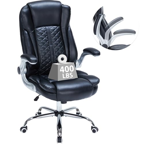 HESL 400lbs Heavy Duty Executive Office Chair Black Flip-Up Armrests Ergonomic Breathable PU Leather