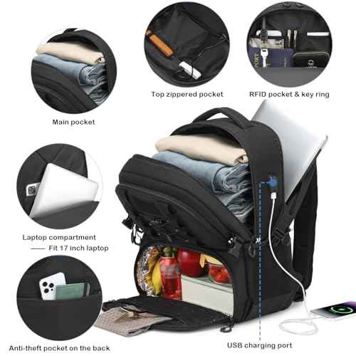 Laptop Lunch Backpack for Men - 40L Large Capacity Work Backpack with Lunch Compartment and USB Post, RFID Insulated Cooler Backpack for Work, Travel, Picnic, Black