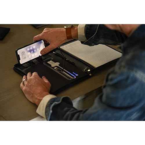 Phone Charging Business & Travel Portfolio w/Built-in Power Bank- Zipper Closure & Refillable Pad- Professional Organizer Padfolio That Charges Phones/Tablets on The Go (Gray)