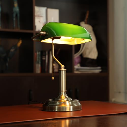 Green Glass Banker’s Desk Lamp with Pull Chain, E26 Base - Retro Office Light