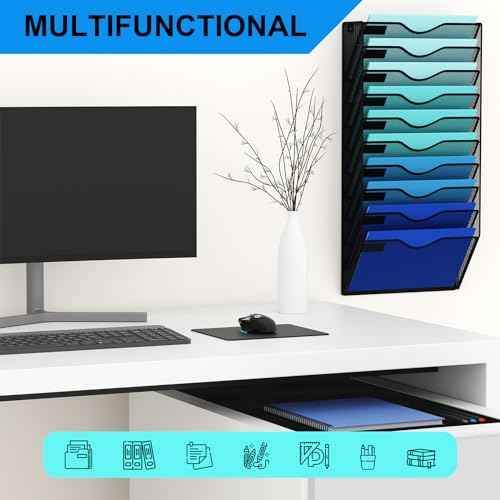 10 Pockets Mesh Hanging Wall File Holder Organizer Wall Mounted Paper Magazine Rack, Black