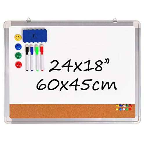 White Board Cork Board Combo - 24x18 in Dry Erase Board with Cork and 1 Magnetic Eraser, 4 Dry Wipe Markers, 4 Magnets and 10 Pins - Wall Hanging Whiteboard with Corkboard for Home and Office