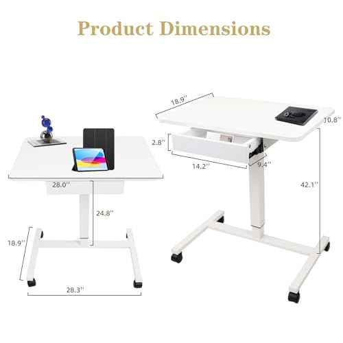 CLATINA Mobile Laptop Standing Desk, Height Adjustable Teacher Podium with Lockable Wheels, Adjustable Work Table with Drawer, Computer Cart Overbed Table for Home Office Classroom, White