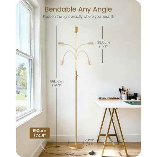 Reading Floor Lamp, 74.2" Tall LED Lamp with, 360¡Æ Flexible Gooseneck & Touch Control, 5000K Cool White LED, Sturdy Base, Crafts Standing Lamp, for Reading, Living Room, Matte Gold D16LD05