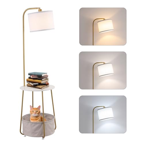 Floor Lamp with Cat Bed, Adjustable Lampshade, 3 Color Temperatures, Foot Switch Control, Tall Standing Lamp with Pet House, Modern Lighting for Living Room Bedroom Decor, Gold