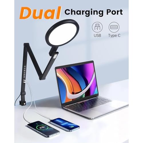 Clamp Desk Light,Eye-Care Office Desk Lamp with USB Charging Ports, 1200LM 5 Color Temp Dimmable Swing Arm Desk Light for Home Office, Computer Monitor, Video Conference & Zoom Meetings