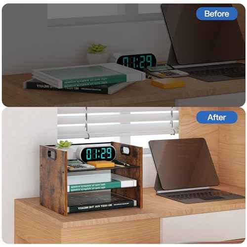 3 Tier Wood Paper Organizer for Desk, Metal Office Organizer and Accessories with Handle, Mesh File Holder for Desk, File Cabinets for Home Office, School