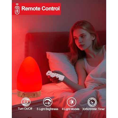 Red Light Night Light Lamp for Sleep, Red Nightlight Desk Lamp with 670nm Wavelength Multi-Color and Brightness Options Remote Control USB Charging Elegant Design