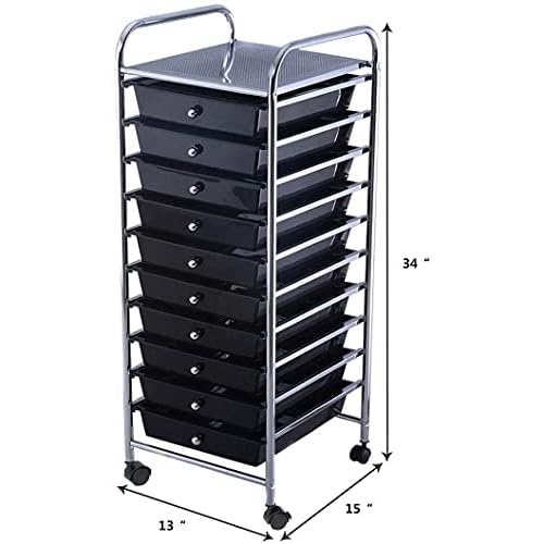 10 Drawer Storage Cart, Tools Scrapbook Paper Arrangement Mobile Drawer Cart Organizer, Space Saving Cart with 4 Wheels and Inter Locker System, Suitable for Cosmetics, File (BK)