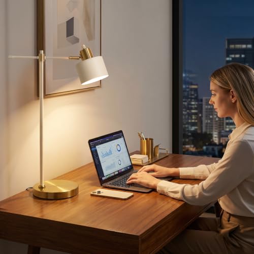OYEARS 22.2" Cream & White Modern Metal Desk Lamp with LED Bulb, Adjustable Reading Light for Home Office & Bedroom