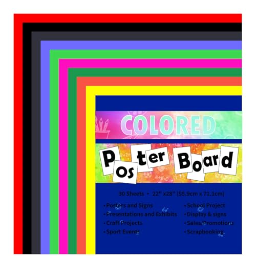 Neon Poster Board 30 Sheets-22x28-Inch Double-Sided Color Cardstock Paper,Ideal for Signs,Crafts,Projects-10 Assorted Colors in Bulk Pack,Three of each color