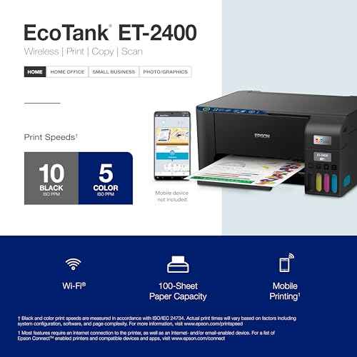 Epson EcoTank ET-2400 Wireless Color All-in-One Cartridge-Free Supertank Printer with Scan and Copy ? Easy, Everyday Home Printing, Black