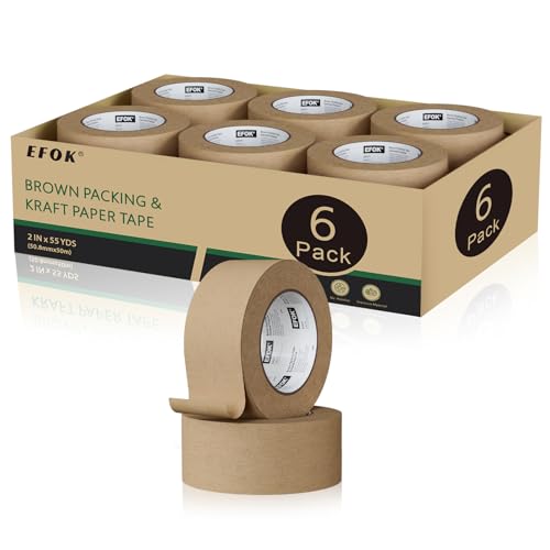 EFOK 6 Rolls Bulk Brown Kraft Paper Packing Tape 2in x 55yds - Eco-Friendly, Recyclable, Easy Tear