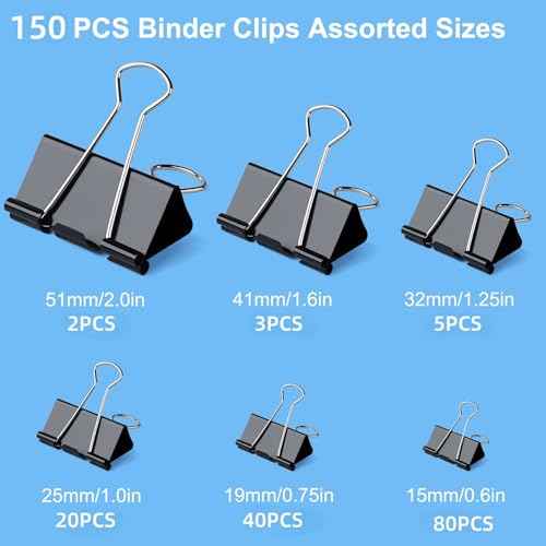 150 PCS Binder Clips Assorted Sizes, Extra Large Medium Small Mini and Micro, Metal Paper Binder Clip Black,Paper Clamps, 6 Sizes for Office, School and Home