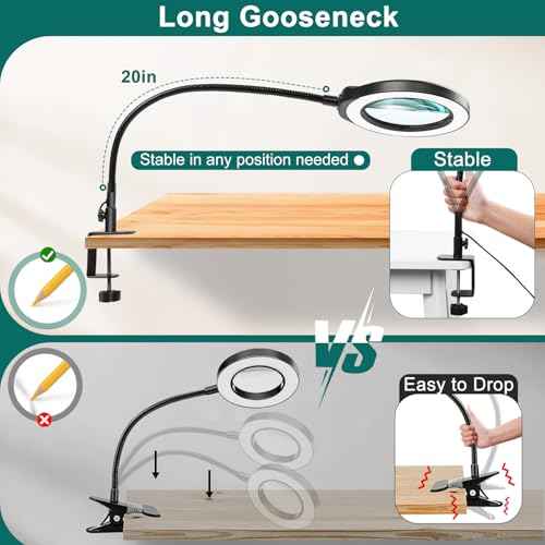 10X Magnifying Glass with Light and Clamp, 5 Inch Real Glass Magnifying Desk Lamp with Stand, Long Gooseneck, 5 Color Modes Lighted Magnifier Hands Free for Crafts Painting Jewelry Close Work