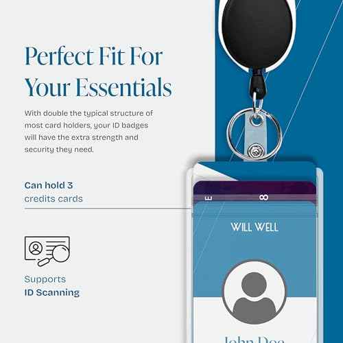 Will Well ID Badge Holders with Clip and Keyring - Vertical Clear Plastic 2.52" x 3.58" Sleeves Fit Up to 3 Cards - Retractable 24" UHMWPE Fiber Pull Cords for Easy Access - 2-Pack, Black Reels