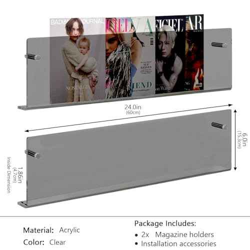 2 Pack Acrylic Magazine Holder, Wall Mounted Magazine Rack Floating Bookshelf for Waiting Room, Living Room, Office, Home (Black, 24 Inch)