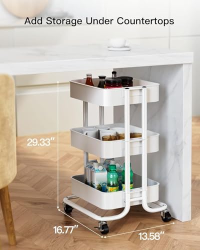 Pipishell White 3-Tier Rolling Utility Cart with Lockable Wheels, 3-Stage