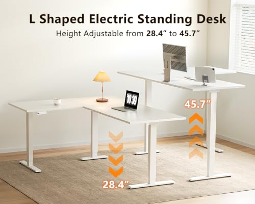 Casaottima 63-Inch White L-Shaped Electric Standing Desk for Home Office