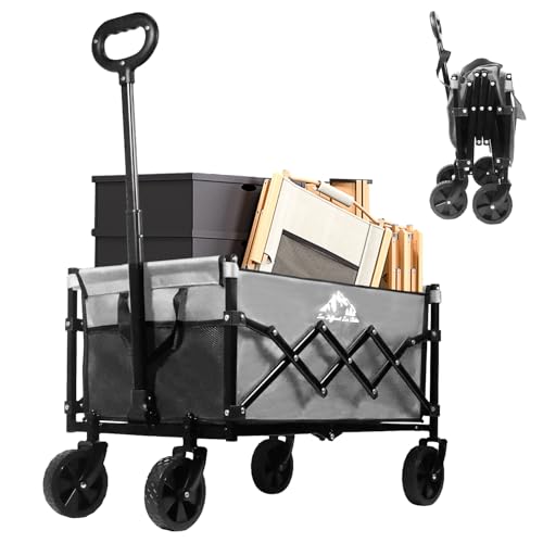 Collapsible Wagon Folding Utility Cart, Beach Wagon 352LBS Heavy-Duty with Adjustable Handles, 5" Quiet Swivel Wheels, Lightweight (11lbs) for Groceries, Camping, Moving, Gray