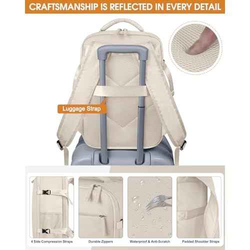 Capolo Travel Backpack for Women Men Waterproof Laptop Backpack Airlines Approved Carry On Backpack Bag Computer Bookbag for Business, Work, Traveling Fits 15.6 Inch Laptop(Beige)