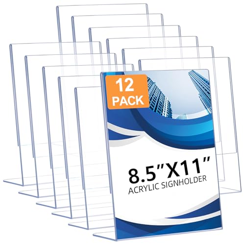 12 Pack Acrylic Sign Holder 8.5 x 11, Clear Plastic Display Stands for Tabletop, L-Shape Acrylic Stands for Flyers, Documents, Office, Restaurants, Vertical Sign Holder 8.5x11 for Desktop