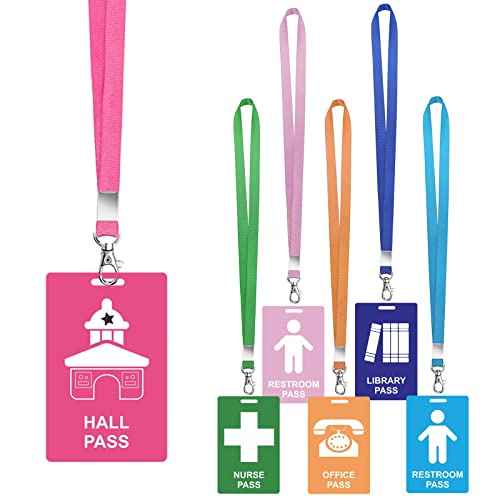6 Sets PVC Hall Pass Lanyards - Unbreakable Hall Passes for Classrooms Set Includes Passes for Hall Bathroom Library Office and Nurse Ideal for Classroom School Supplies
