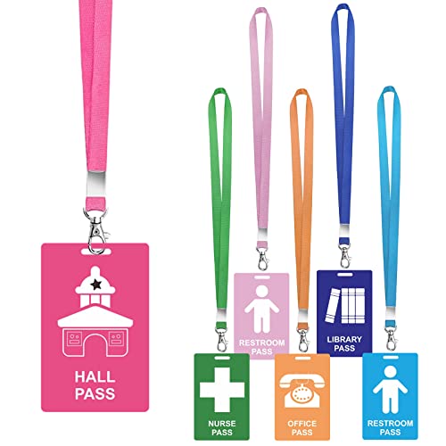 6 Pack PVC Hall Pass Lanyards for Classroom, Bathroom & Library Access